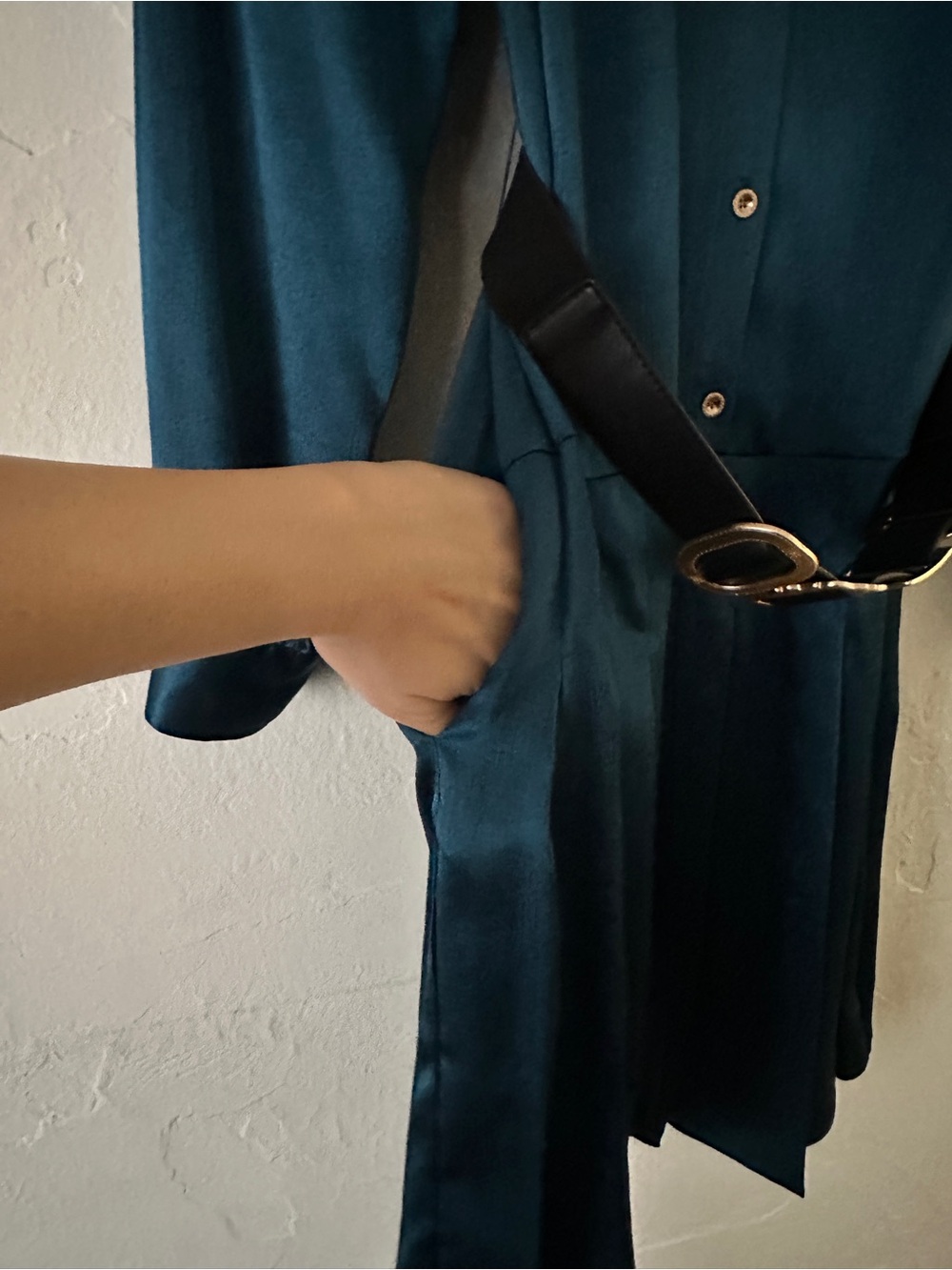 Karl Lagerfeld Teal Satin Long-Sleeve Button-Down Belted Midi Shirt Dress - Picture 12 of 15